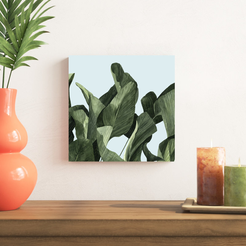 «Celadon Palms II», peinture sur toile, H 12 po x l 12 po, Toile tendue