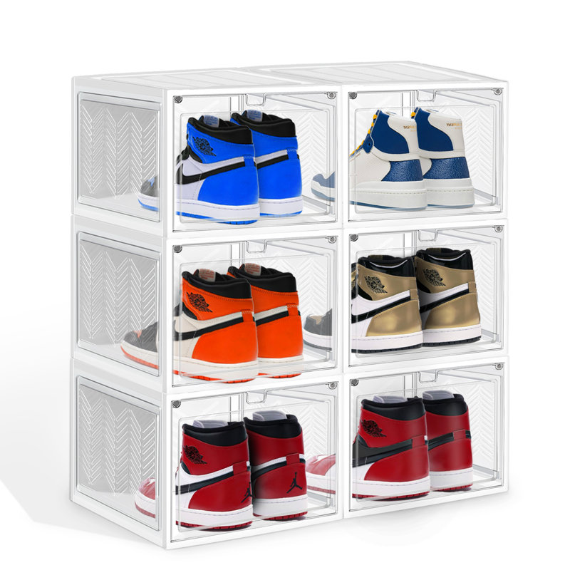 6 Pack Stackable Large Shoe Containers Shoe Storage Box with Hard Plastic Drop Front for Sneakers, White