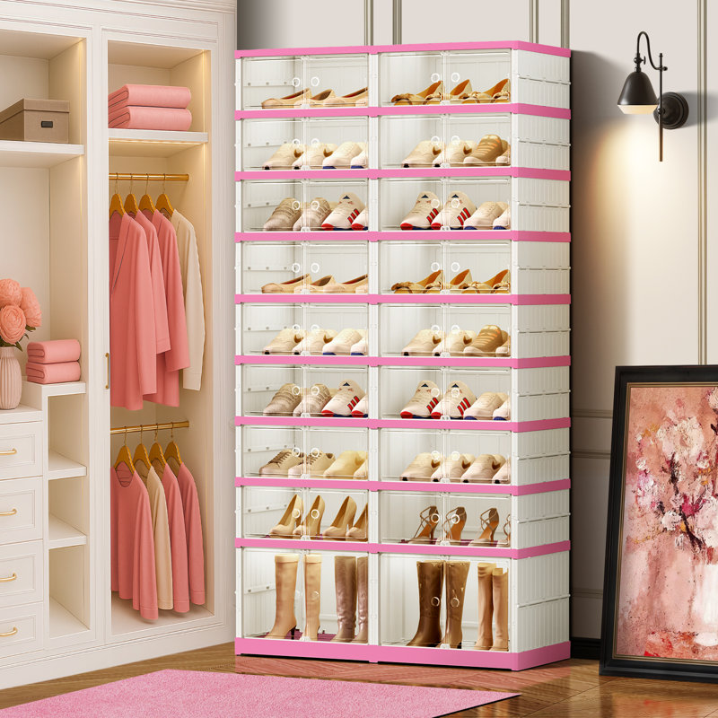 9-Tier 18-36 Pairs Plastic Stackable Shoe Storage Cabinet For Entryway Easy Assembly, Pink/White