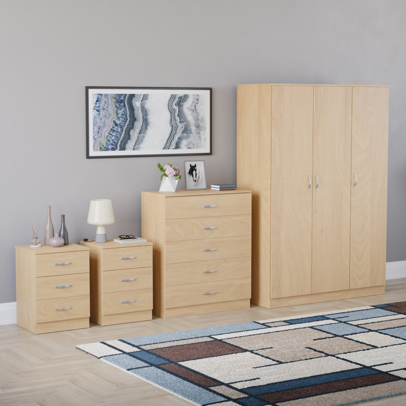 Tayce 4 Piece Bedroom Set (3 Drawer Bedside Chest X2, 5 Drawer Chest, 3 Door Wardrobe), Tan