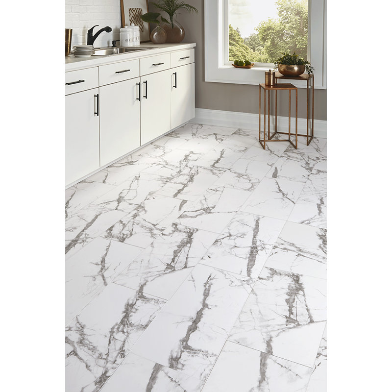Rigid Core Vinyl Tile 6mm Thick x 12" Width x 24" Length, Carrara Porcelain