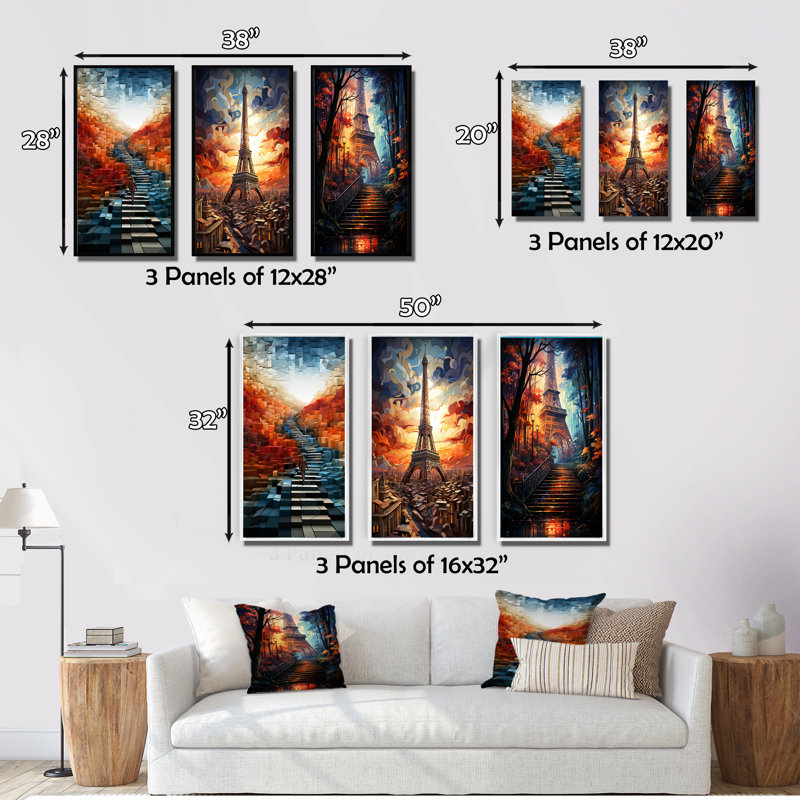 «Abstract Autum Stairway In Paris», 3 pièces sur toile, Cadre flottant doré, H 32 po x l 48 po