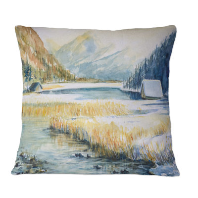 Landscape With Blue Mountain And River - Traditional Printed Throw Pillow