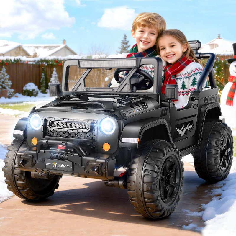 Alex 24V Real 2 Seater Ride On Jeep Truck with Remote Control, 4WD/2WD Kids UTV With 4X200w Powerful Engine, Bluetooth, 20 Wide Seat, Vehicles for Kids Toddlers, Black