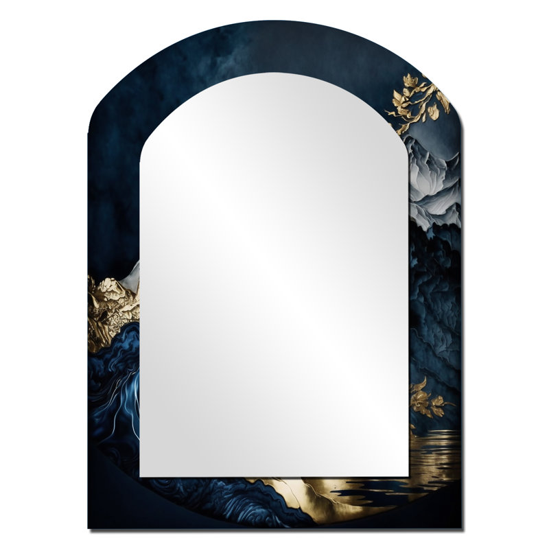 Gold Frosted River And Mountain I - Forest River Mountains Arch Unique Wall Mirror, Traditional Asymmetrical Mirror, Printed Metal Art