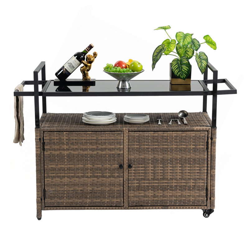 Outdoor Wicker Bar Cart, Patio Wine Serving Cart W/Wheels , Rolling Rattan Beverage Bar Counter Table W/Glass Top For Porch Backyard Garden Poolside Party