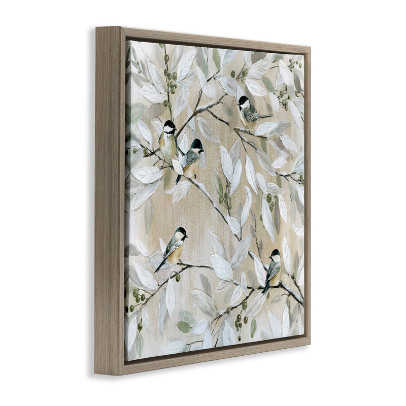 «Chickadee Birds on Branches Grain», art mural sur toile flottante par Carol Robinson, Cadre flottant orme Montalcino