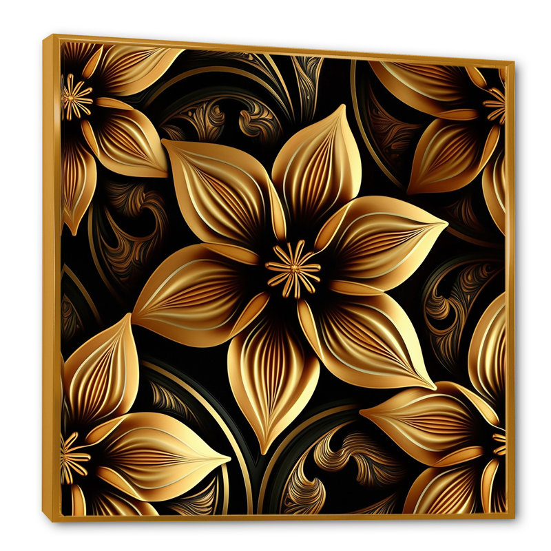 «Golden Lily On Black II», art floral sur toile, H 30 po x l 30 po x P 1 po, Toile avec cadre flottant or