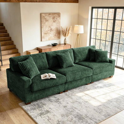 3 - Piece Upholstered Green Faux Rabbit Fur Flannel Modular Sectional Sofa with Armrests & Throw Pillows