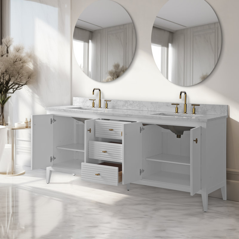 Ensemble de meuble-lavabo autoportant à double cuve 72 po avec plateau en marbre Lavallon, Blanc linéaire, Doré brossé