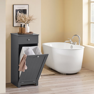 Bathroom Laundry Cabinet with Hamper and Drawer, Tilt-Out Clothes Hamper Cabinet with Removable Liner, for Bathroom or Bedroom, Gray