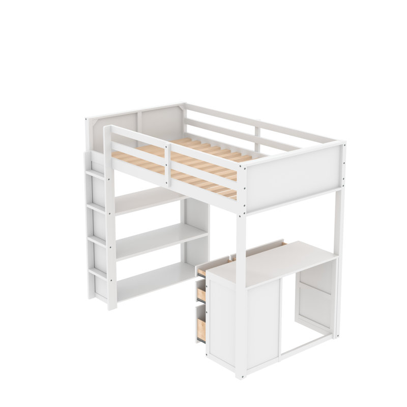 Ahran Kids Loft Bed with Drawers, White, Twin over Twin