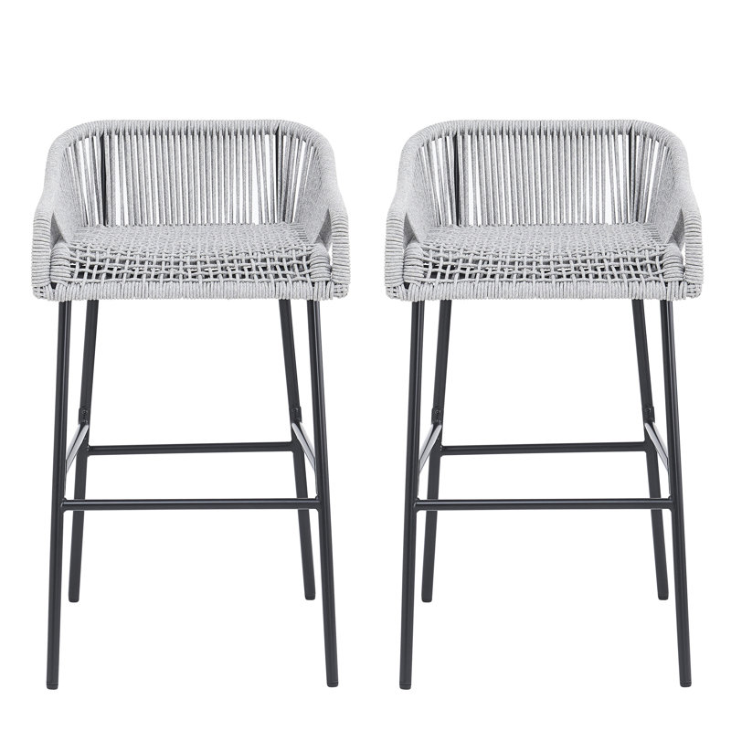 Ensemble de tabourets de bar en corde gris près de la piscine et de jardin pour des loisirs en plein air, pilier en métal noir, revêtement de patio de 2 tabourets, repas de conversation décontractés, ergonomique
