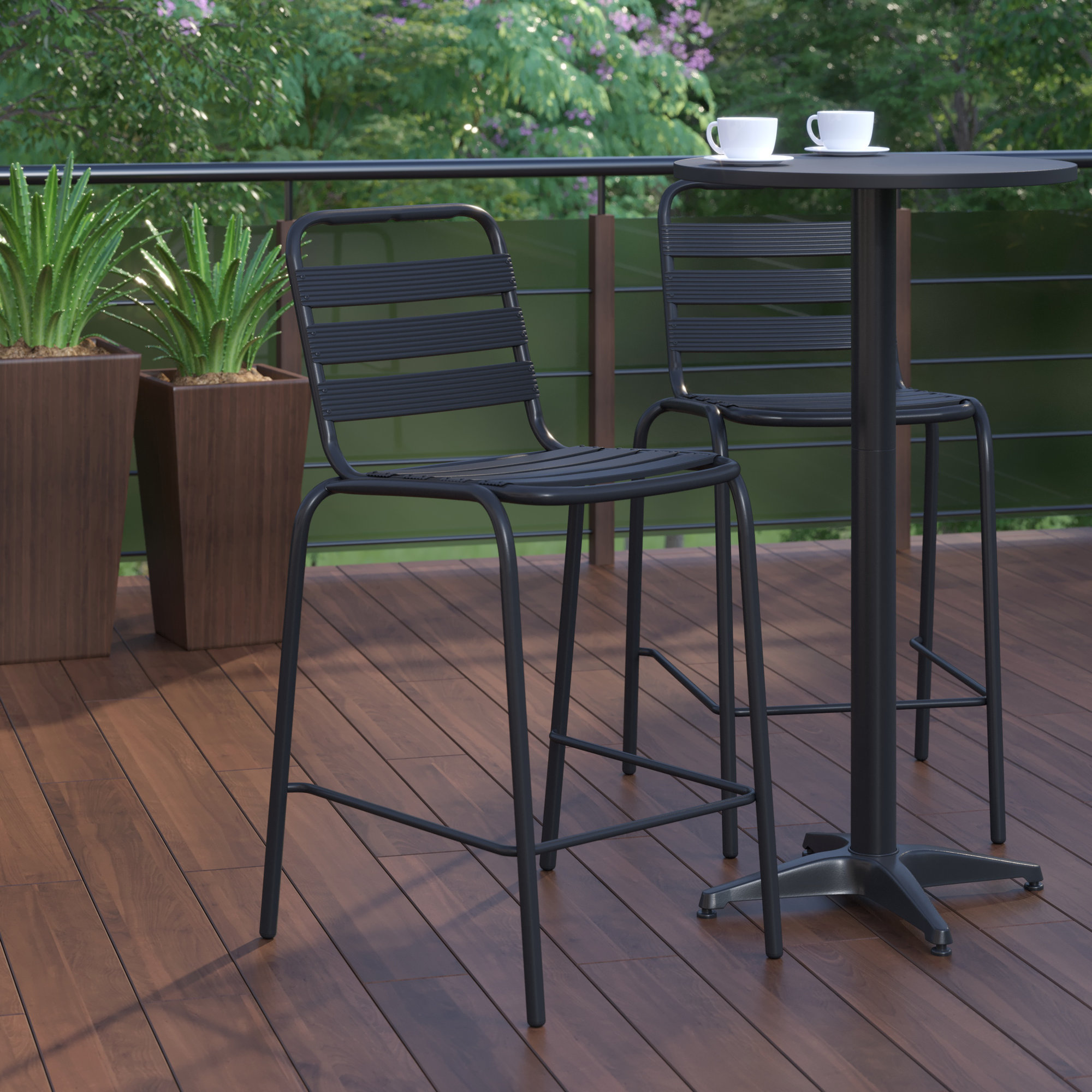 Commercial Indoor-Outdoor Restaurant Bar Height Stool with Metal Triple Slat Back, Black