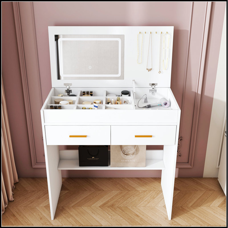 Flip Top Vanity Desk With LED Lighted Mirror & Built-In Outlet - Makeup Table With Drawers, Storage, And Hooks