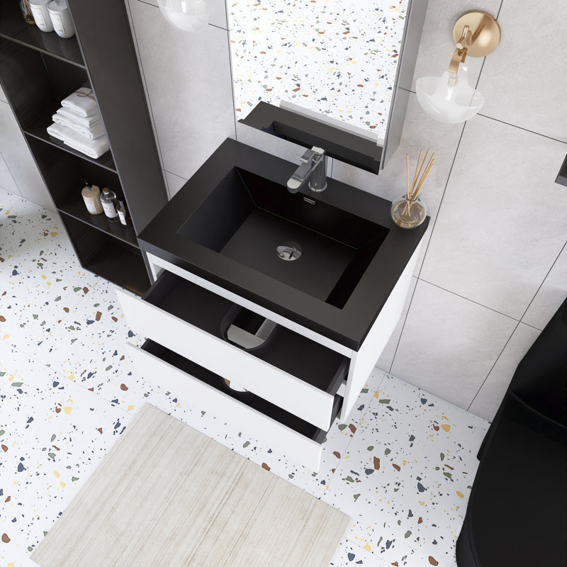 Ensemble de meuble-lavabo mural simple 30 po blanc avec plateau en résine noir