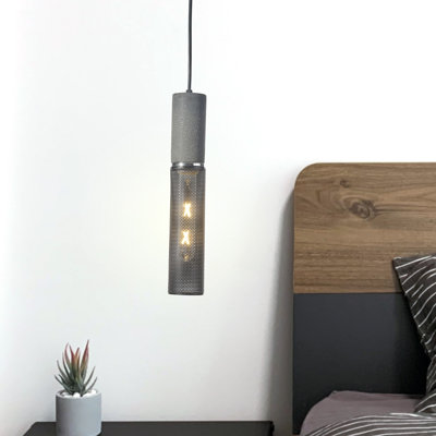 Luminaire suspendu 1 lumière avec finition en béton et abat-jour en acier noir mat