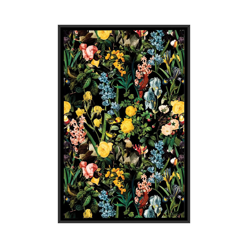 Impression sur toile tendue, "fleurs et oiseau" v, H 60 po x l 40po x P 1,5 po, Toile avec cadre noir, Blanc
