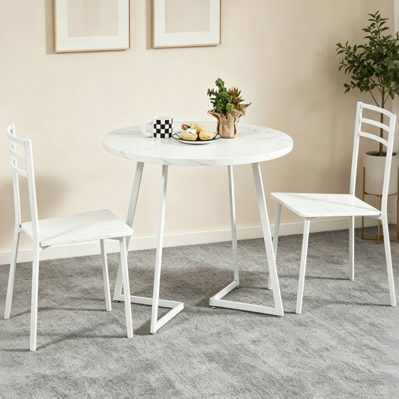 Kilwin 3-Piece Marble White Modern Round Dining Table Set with 2 Chairs, Space-Saving Kitchen & Breakfast Nook Dining Set, Compact Small Space Bistro Dining Room Table Set
