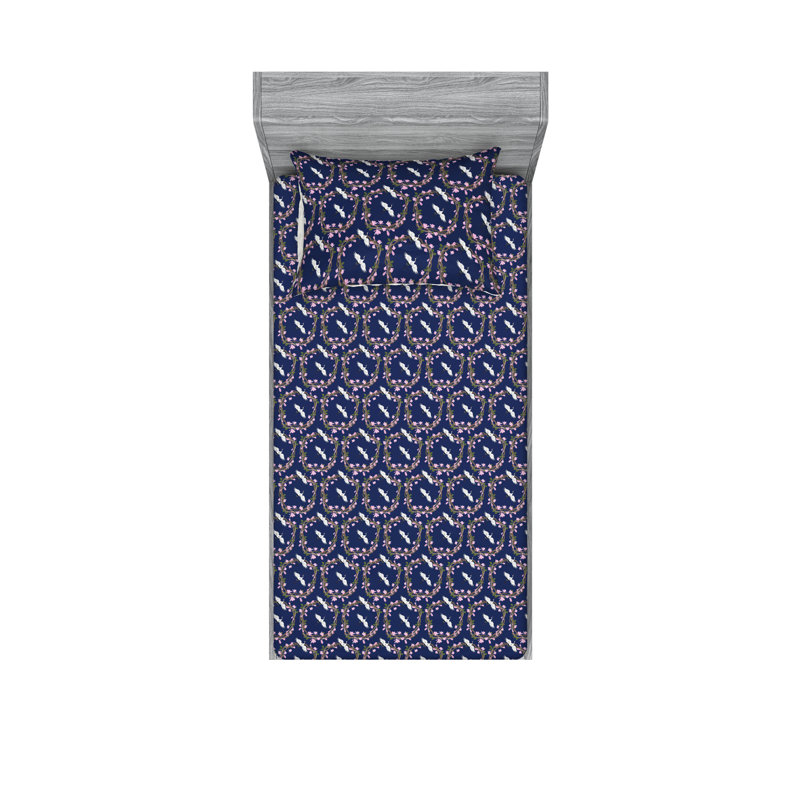 Ambesonne Fitted Sheet & Shams, Night Blue/Pale Pink Floral, Twin Sheet Set with 1 Pillowcase