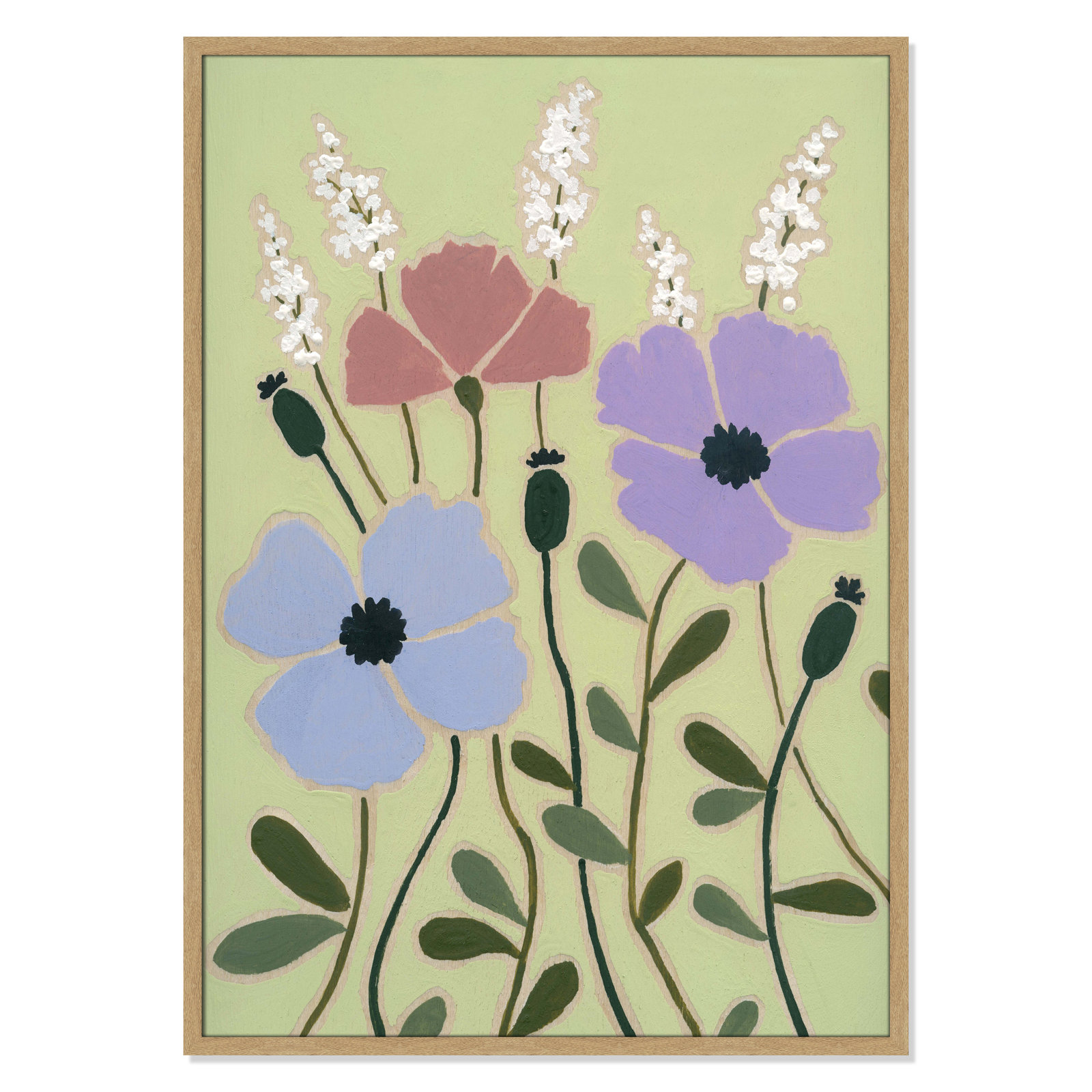 Maura "Woodblock Floral III" Print, 41.5" H x 29.5" W x 1.25" D, Natural Framed