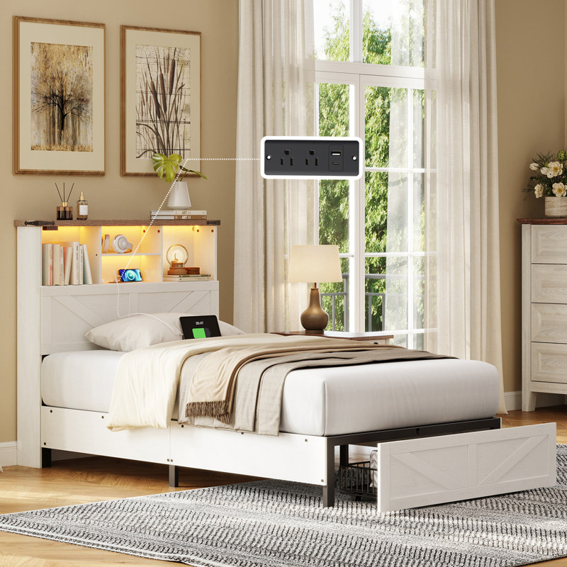 Farmhouse Twin Bed Frame with Storage, High Headboard with Charging Station and LED Light, Noise Free, Easy Assembly, Twin
