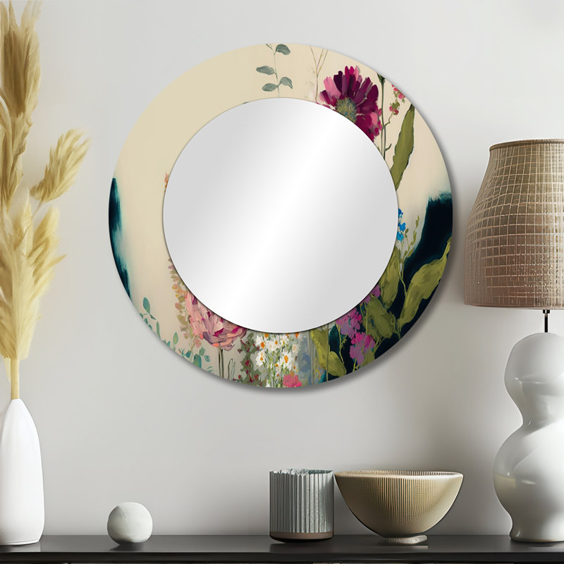 «Shamecia Painted Blossoming Wildflowers I», miroir mural décoratif floral, grand miroir rond crème, impression d'art en métal