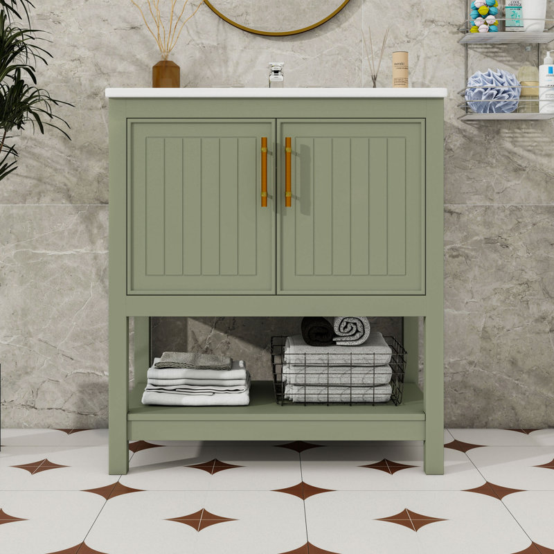 Meuble-lavabo de salle de bain avec lavabo en céramique et portes de rangement, Vert