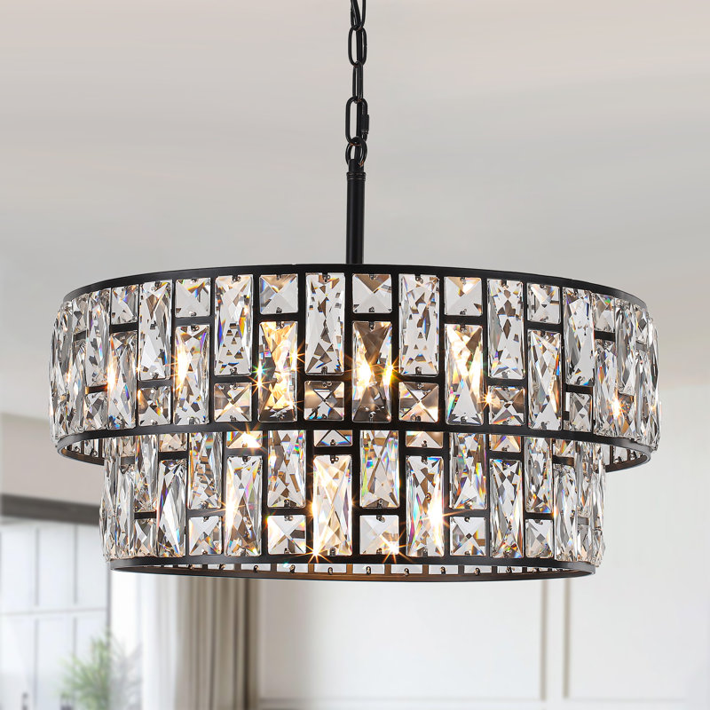 Lustre tambour moderne 6 lumières noir avec cristal K9 à 2 niveaux
