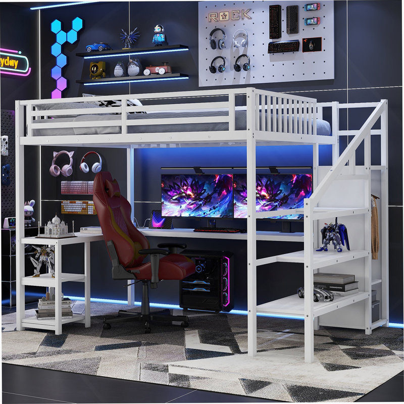 Lit mezzanine polyvalent avec garde-robe intégrée, bureau, charge USB et éclairage DEL pour les enfants, les adolescents et les adultes