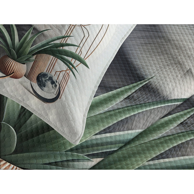 Grey Green Pale Rust Cat and Plant Queen Coverlet Set