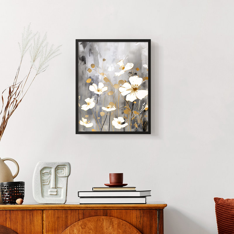 FLORAL Series CDVII - reproduction encadrée de qualité supérieure - prête à être accrochée - aucun clou requis, Noir