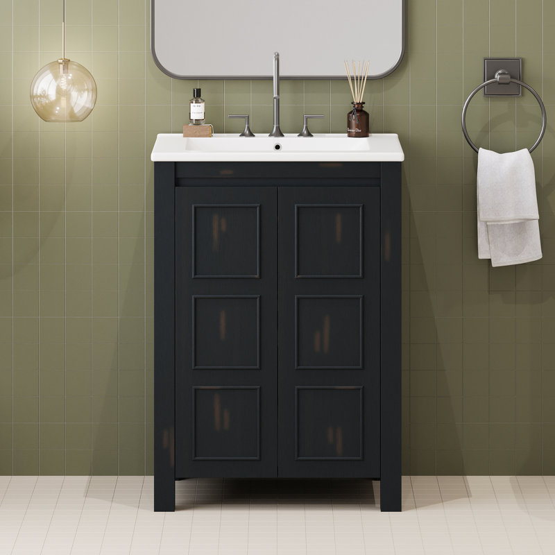 Meuble-lavabo compact et compact en bois massif de style transitionnel pour les petites salles de bain