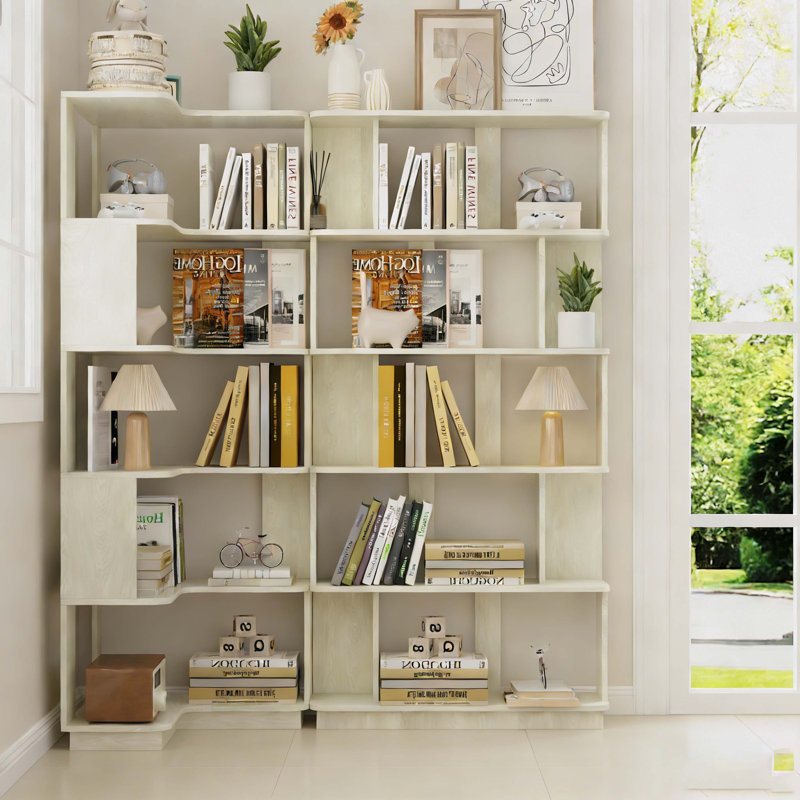 Set of 2 free combination bookcase space saving corner bookshelf 55cm plus 80cm length white OAK color and other 4 colors for option, 2 bookcases group L shaped bookcase x 1 + I shaped bookcase x 1