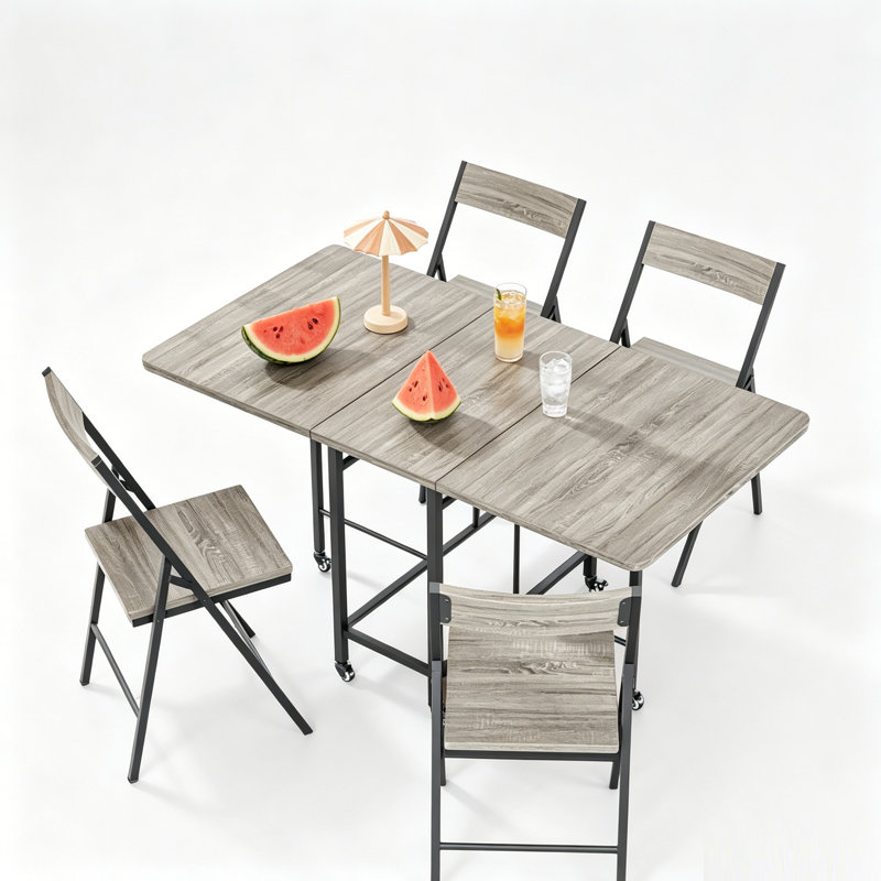 Space-Saving 5 Piece Folding Dining Table Set for 4 – Drop Leaf Kitchen Table with 4 Collapsible Chairs, Storage Shelf, Lockable Wheels, Compact Sturdy Steel Frame – Ideal for Small Dining