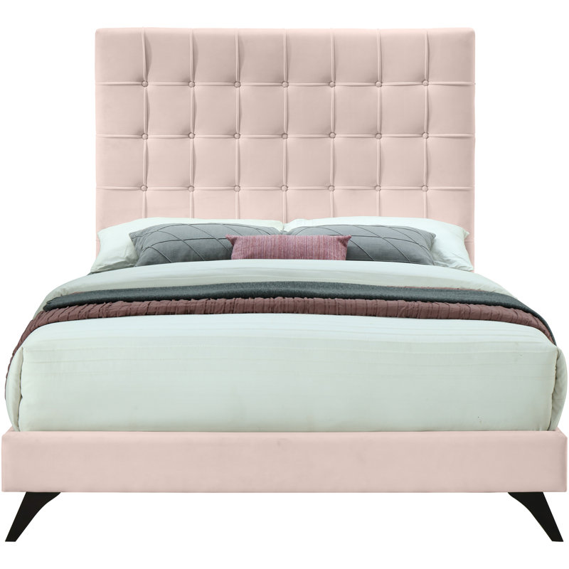 Lit plateforme tapissier Elly, Velours rose, Grand lit