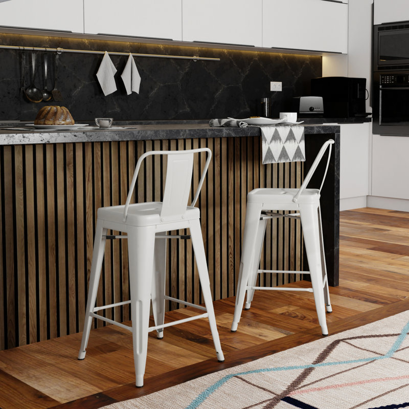 24" Metal Counter Stools Of 2 - White, Industrial Look With Curved Backs And Footrests For Unparalleled Support Comfort Height Stool 2, Modern Sleek White Powder Finish