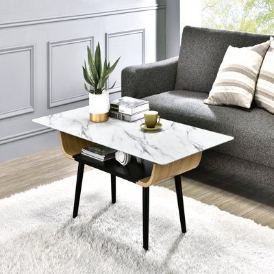 Table basse 47 po avec plateau en verre marbré et bois cintré