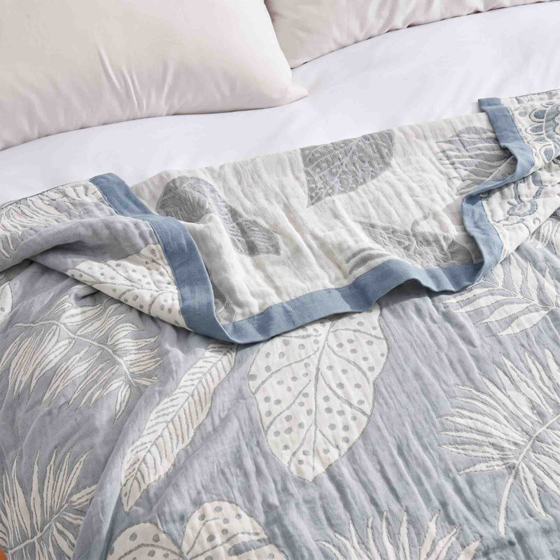 Jeté 100% coton Boho, Tropical Leave Bule