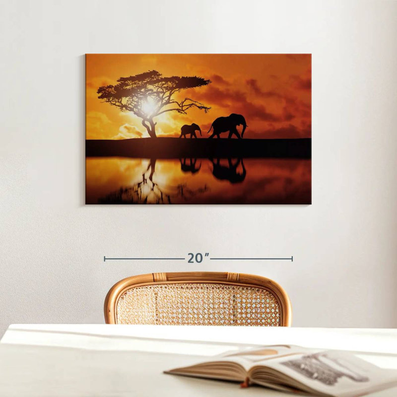 Brampt Elephant Silhouettes At Sunset, 16" H x 24" W