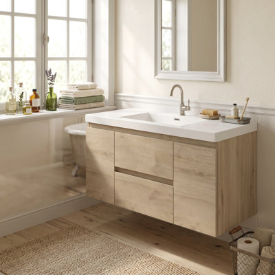 Meuble-lavabo mural en mélamine de bois de 48 po, aspect bois naturel, résistant à l'usure, aux égratignures et à la porosité, surface facile à nettoyer, préassemblé