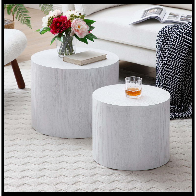 Ensemble de 2 tables basses rondes en MDF avec placage rondes, pour le salon, le bureau, la chambre à coucher, blanc