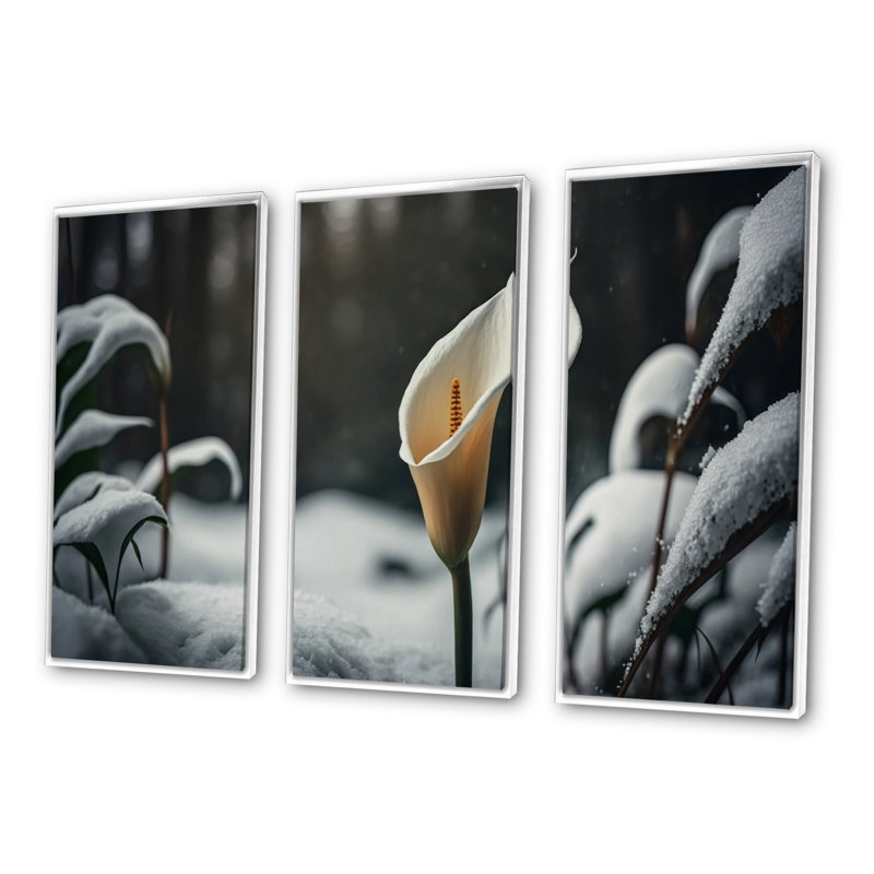 «A Blooming White Calla Lily Flower Winter II», ensemble de 3 reproductions sur toiles, H 32 po x l 48 po x P 1 po