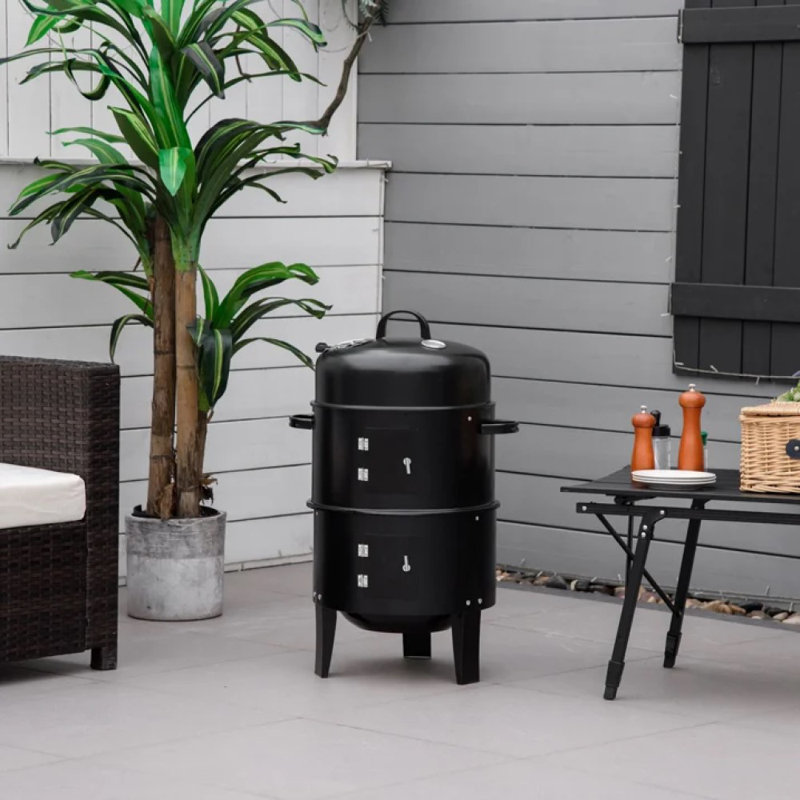 Barbecue vertical au charbon 3-en-1 avec deux zones de cuisson, thermomètre, foyer extérieur, cuisinière ronde