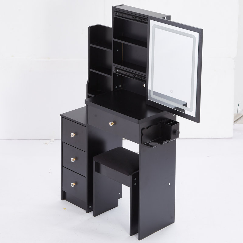 29.2" Small Size Left Bedside Cabinet Vanity Table + Cushioned Stool, 2 AC+2 USB Power Station, Hair Dryer Bracket, Extra Large Touch Control Sliding LED Mirror, Tri-Color Switching, Brightness Adjust