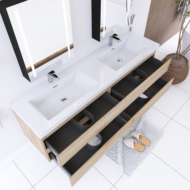 Reaiah 71'' Wall Mounted Double Sink Bathroom Vanity with Resin Top, Brown