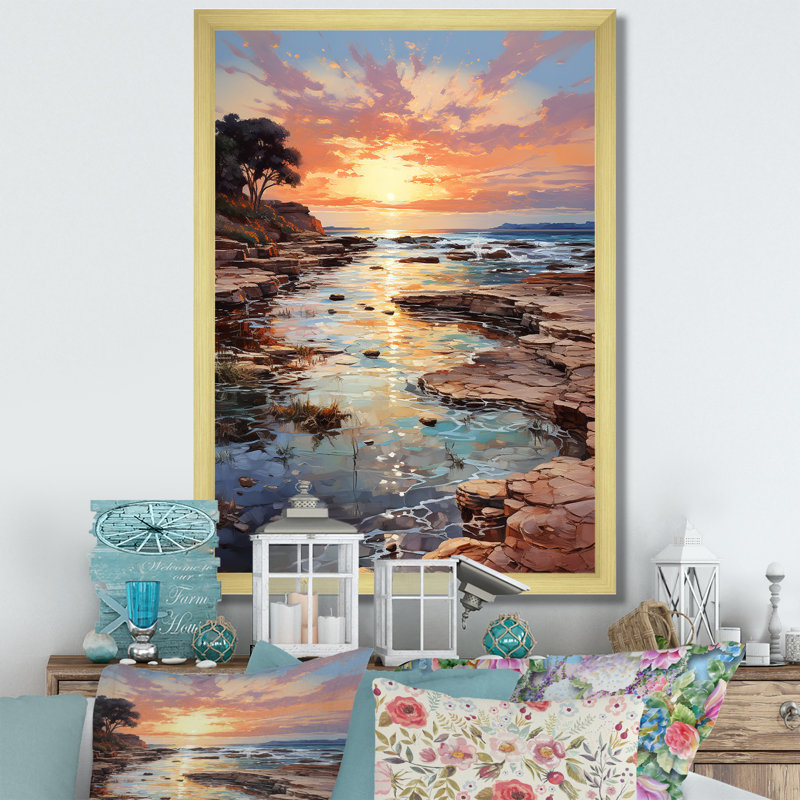Espagne, coucher de soleil à Ibizas II, reproduction sur toile, H 44 po x l 34 po x P 1,5 po, Encadrement doré