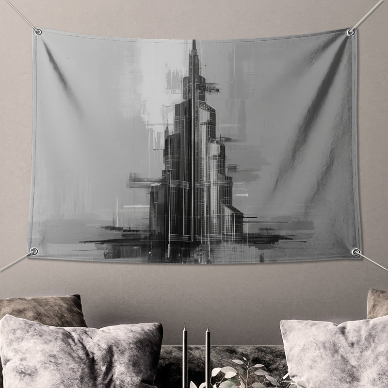 Abstract Skyscraper Illustration Wall Tapestry - Skyscraper Wall Decor, 104in H x88 with 4 Grommets