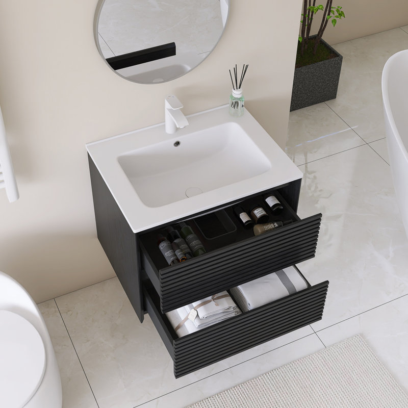 Meuble-lavabo mural simple avec plateau en céramique intégré blanc, Noir, 24"