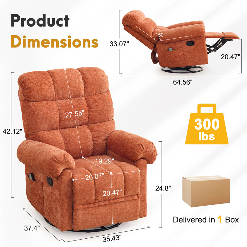 Recliner Chair, 360° Swivel Recliner with Heat & Massage, Chenille Upholstered Manual Recliners with Side Pockets, Orange